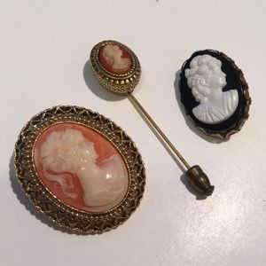 Set of 3 Vintage Cameo Brooches & Pin